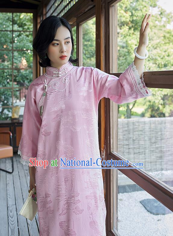 China Wide Sleeve Cheongsam Traditional Embroidered Pink Qipao Women Classical Dress Clothing