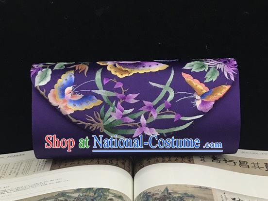 Handmade China Purple Silk Handbag National Chain Bag Traditional Suzhou Embroidery Orchids Clutch Bag