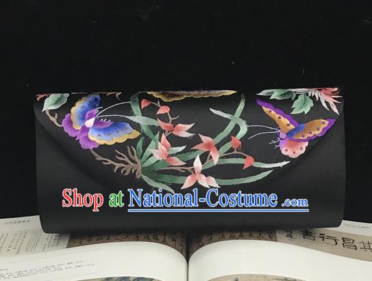 Handmade Suzhou Embroidery Orchids Clutch Bag China Traditional Black Silk Handbag National Chain Bag