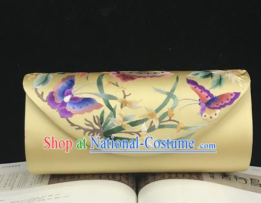 Traditional Yellow Silk Handbag China National Chain Bag Handmade Suzhou Embroidery Orchids Clutch Bag