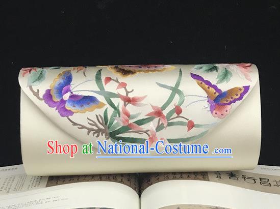 Beige Silk Clutch Bag Traditional China National Chain Bag Handmade Suzhou Embroidery Orchids Handbag