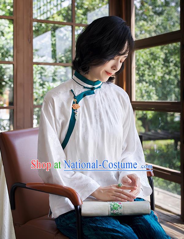 Chinese Tang Suit White Blouse Women Upper Outer Garment Traditional Costume Shirt