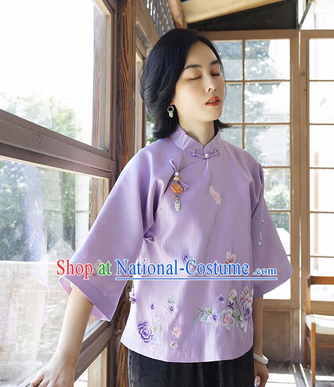 Chinese Embroidered Shirt Women Upper Outer Garment Traditional Costume Tang Suit Lilac Silk Blouse