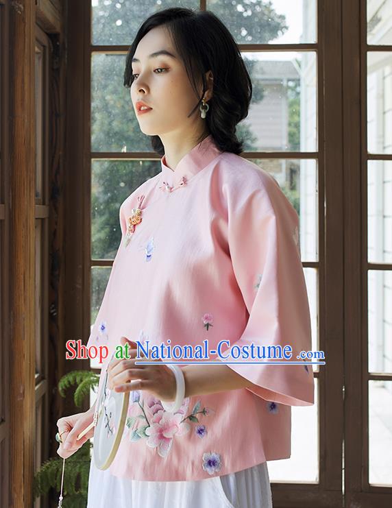 Chinese Traditional Embroidered Pink Shirt Tang Suit Blouse Women Upper Outer Garment Costume