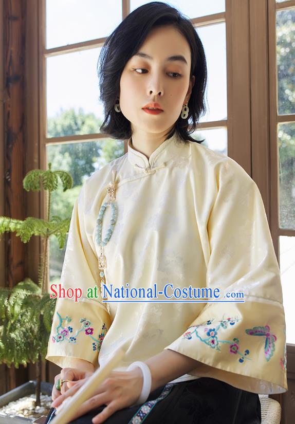 Chinese Traditional Embroidered Light Yellow Shirt Women Upper Outer Garment Tang Suit Blouse Costume