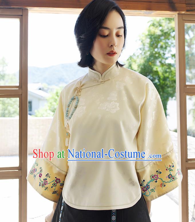 Chinese Traditional Embroidered Light Yellow Shirt Women Upper Outer Garment Tang Suit Blouse Costume