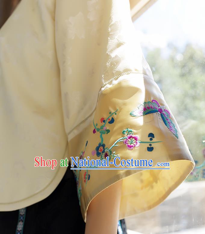 Chinese Traditional Embroidered Light Yellow Shirt Women Upper Outer Garment Tang Suit Blouse Costume