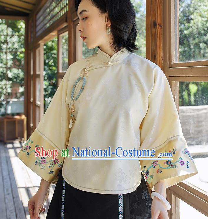 Chinese Traditional Embroidered Light Yellow Shirt Women Upper Outer Garment Tang Suit Blouse Costume