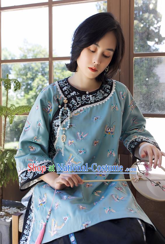 Chinese Traditional Qing Dynasty Women Upper Outer Garment Tang Suit Blouse Costume Embroidered Butterfly Blue Shirt