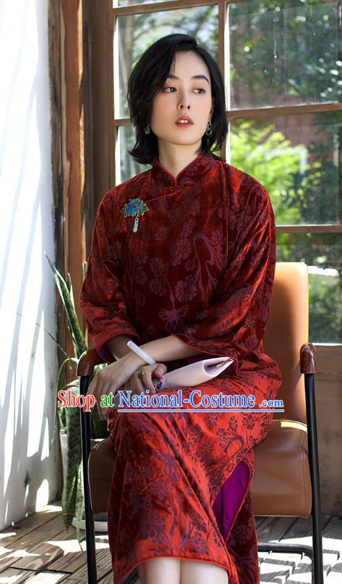 China Women Clothing Red Velvet Cheongsam Traditional Classical Long Qipao Dress