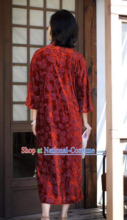 China Women Clothing Red Velvet Cheongsam Traditional Classical Long Qipao Dress