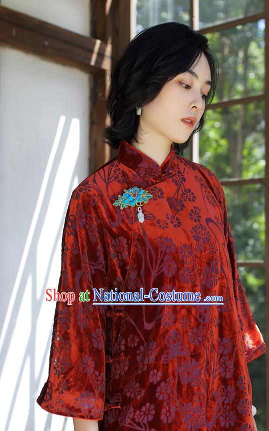 China Women Clothing Red Velvet Cheongsam Traditional Classical Long Qipao Dress