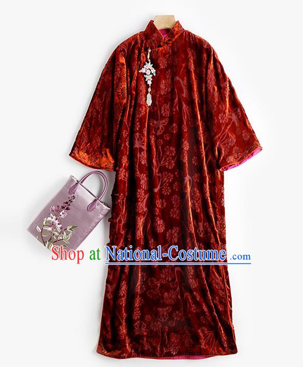 China Women Clothing Red Velvet Cheongsam Traditional Classical Long Qipao Dress