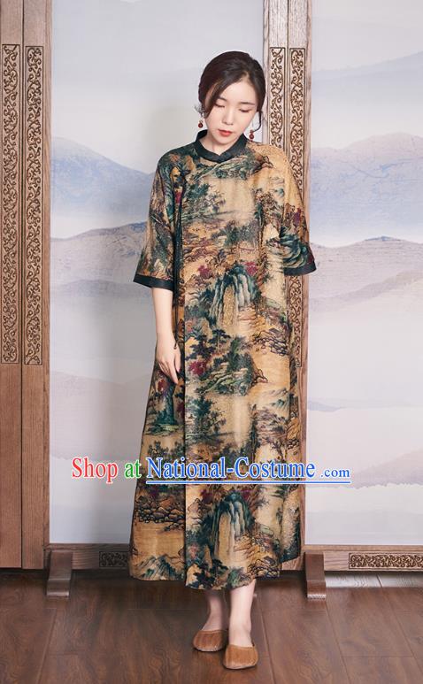 China Women Ginger Silk Cheongsam National Clothing Traditional Classical Printing Qipao Dress