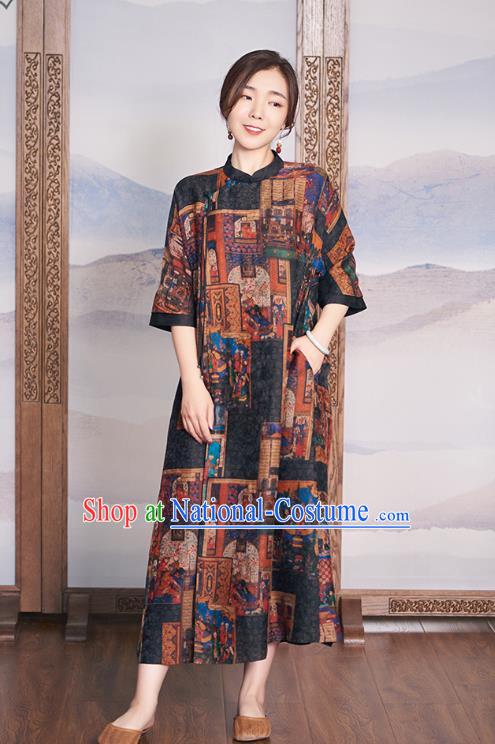 China National Clothing Traditional Classical Printing Qipao Dress Women Black Silk Cheongsam