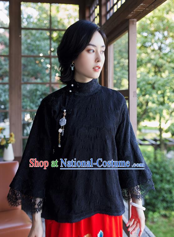 Chinese Tang Suit Upper Outer Garment Traditional Black Lace Blouse Costume Jacquard Shirt