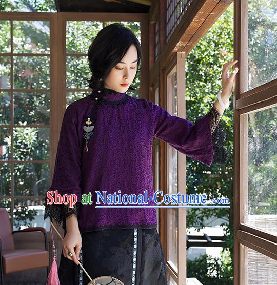 Chinese Traditional Purple Lace Blouse Costume Jacquard Shirt Tang Suit Upper Outer Garment