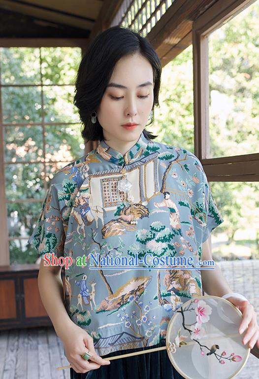 Chinese Tang Suit Upper Outer Garment Traditional Costume Printing Blue Blouse