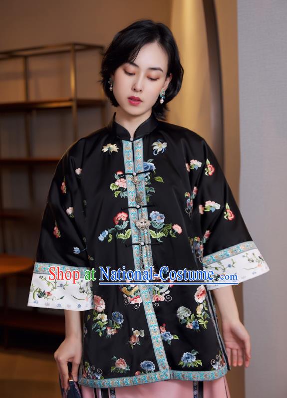 Chinese Qing Dynasty Court Women Black Shirt Tang Suit Upper Outer Garment Traditional Embroidered Blouse Costume