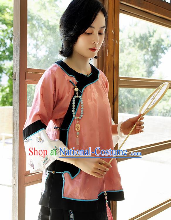 Chinese Traditional Tang Suit Blouse Upper Outer Garment Qing Dynasty Classical Pink Silk Shirt Embroidered Costume