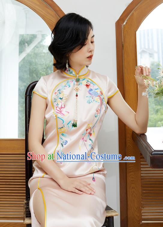 China National Women Clothing Traditional Classical Qipao Dress Embroidered Phoenix Pink Silk Cheongsam