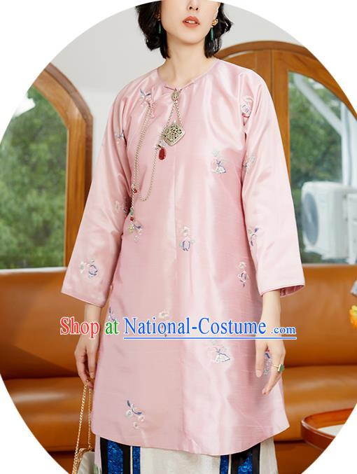 Chinese Tang Suit Costume Traditional Pink Shirt Classical Embroidered Blouse