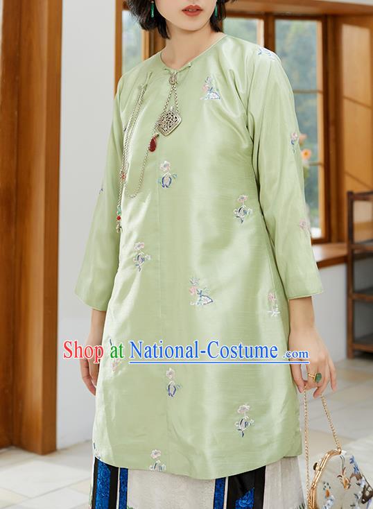 Chinese Classical Embroidered Blouse Tang Suit Costume Traditional Light Green Shirt