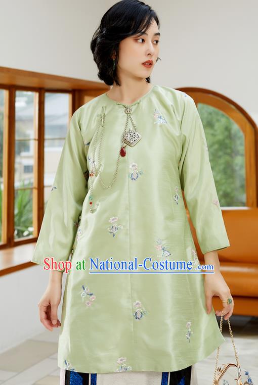 Chinese Classical Embroidered Blouse Tang Suit Costume Traditional Light Green Shirt