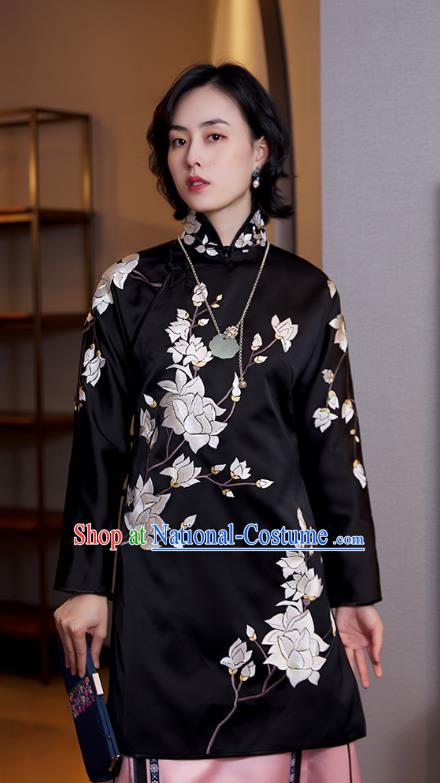 Chinese Black Satin Shirt Tang Suit Upper Outer Garment Traditional Costume Embroidered Mangnolia Blouse