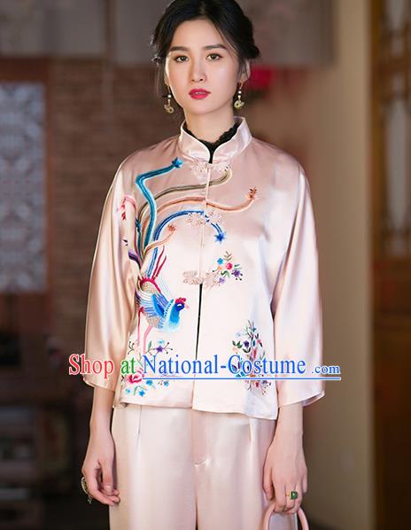 Chinese Tang Suit Pink Satin Shirt Upper Outer Garment Traditional Costume Embroidered Phoenix Blouse