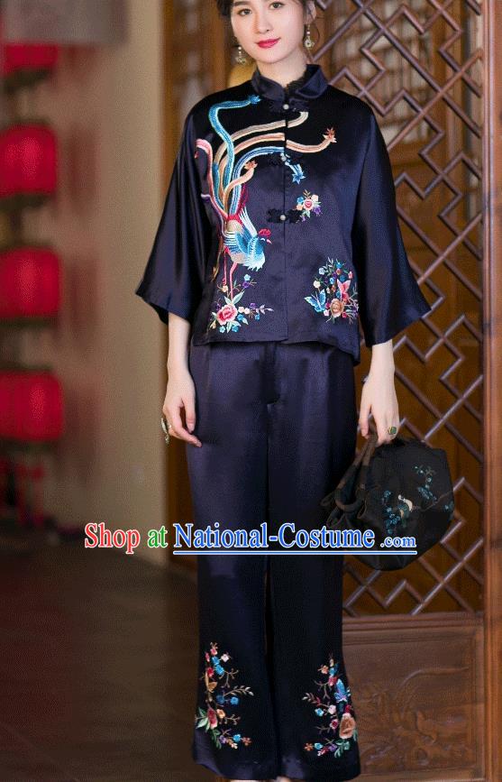 Chinese Traditional Costume Embroidered Phoenix Blouse Tang Suit Navy Satin Shirt Upper Outer Garment