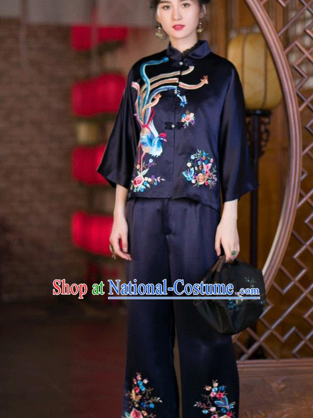 Chinese Traditional Costume Embroidered Phoenix Blouse Tang Suit Navy Satin Shirt Upper Outer Garment