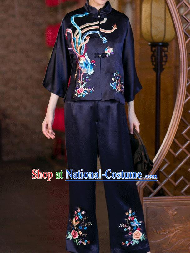 Chinese Traditional Costume Embroidered Phoenix Blouse Tang Suit Navy Satin Shirt Upper Outer Garment