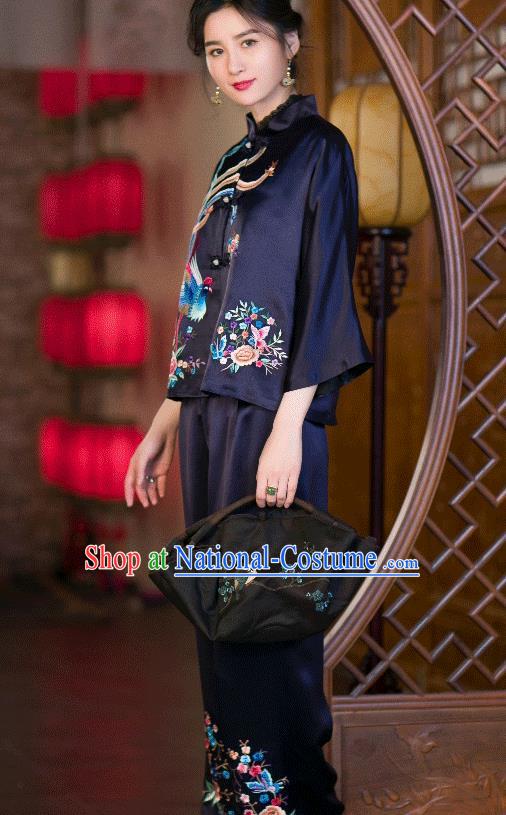 Chinese Traditional Costume Embroidered Phoenix Blouse Tang Suit Navy Satin Shirt Upper Outer Garment