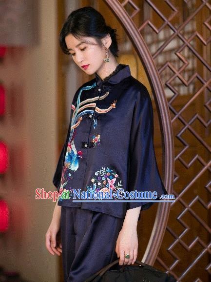 Chinese Traditional Costume Embroidered Phoenix Blouse Tang Suit Navy Satin Shirt Upper Outer Garment