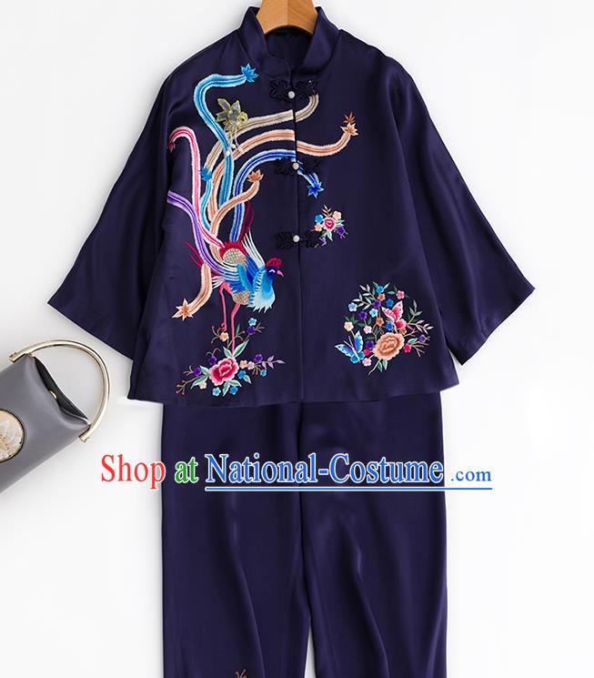 Chinese Traditional Costume Embroidered Phoenix Blouse Tang Suit Navy Satin Shirt Upper Outer Garment