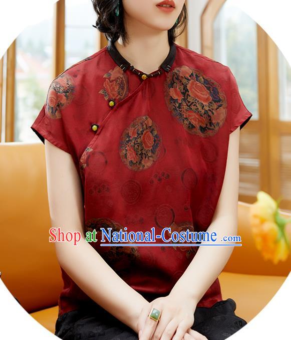 Chinese Classical Peony Pattern Red Silk Shirt Traditional Blouse Upper Outer Garment Tang Suit Costume