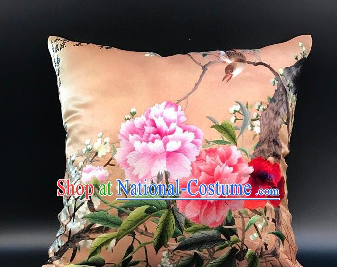 China Traditional Embroidered Peony Orange Silk Pillowslip Suzhou Embroidery Craft