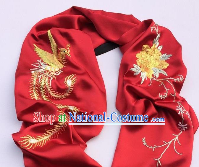 China Embroidery Phoenix Peony Red Silk Scarf Traditional Cheongsam Accessories Women Tippet