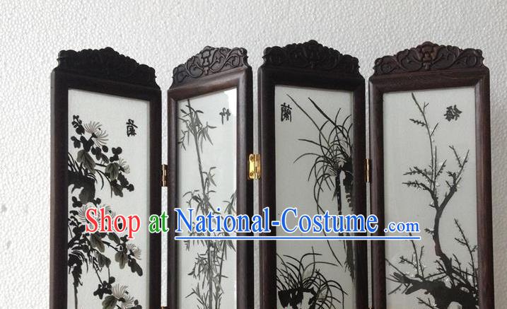 China Handmade Suzhou Embroidery Plum Orchids Bamboo Chrysanthemum Desk Screen Traditional Embroidered Craft Rosewood Table Decoration