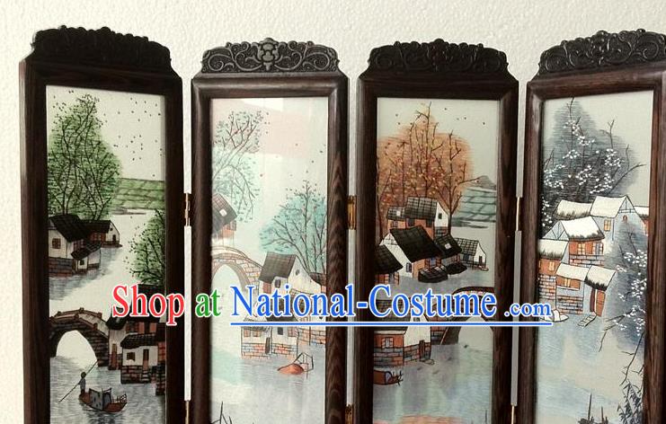 China Handmade Embroidered Craft Rosewood Table Decoration Traditional Suzhou Embroidery Water Town Desk Screen