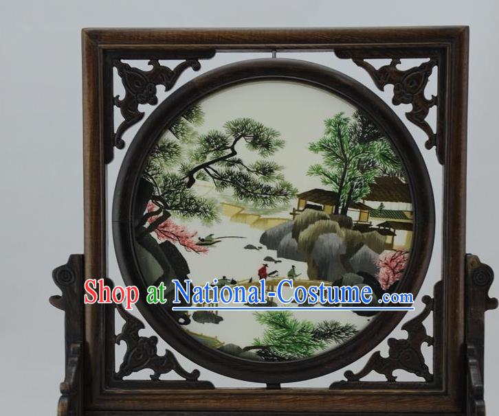 China Handmade Ornaments Embroidered Craft Rosewood Table Decoration Traditional Suzhou Embroidery Landscape Desk Screen