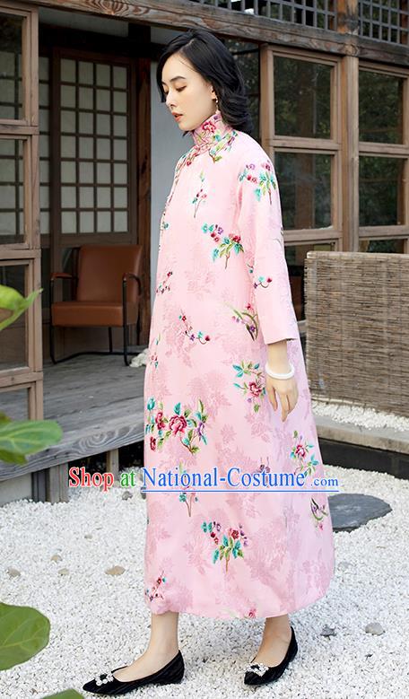 Traditional China National Clothing Pink Satin Qipao Dress Embroidered Orchids Peony Cheongsam for Women