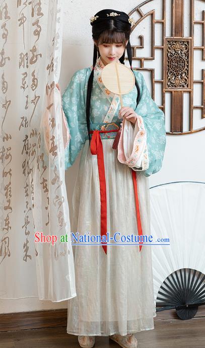 Chinese Jin Dynasty Historical Costumes Traditional Ancient Noble Lady Hanfu Apparels Blue Blouse and Skirt Full Set