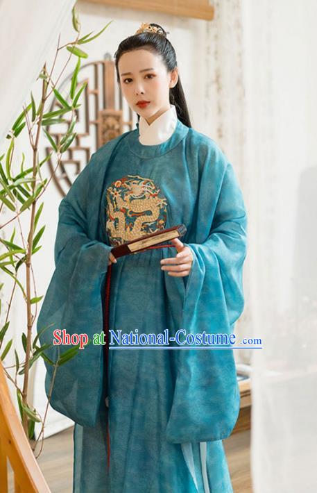 Chinese Song Dynasty Noble Childe Historical Costumes Traditional Ancient Prince Hanfu Apparels Blue Robe and Underwear for Men