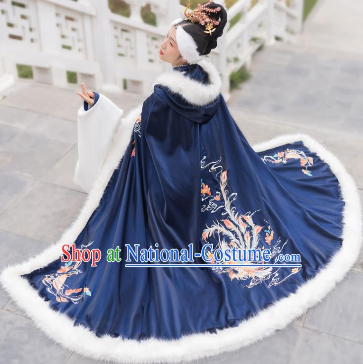 Chinese Ming Dynasty Imperial Consort Historical Costumes Traditional Ancient Noble Women Hanfu Apparels Embroidered Navy Wool Cloak