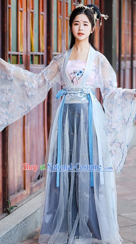 China Ancient Village Women Hanfu Apparels Blue Dress Traditional Tang Dynasty Country Lady Costumes Complete Set