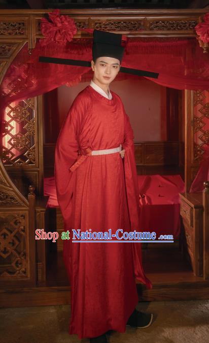 Chinese Song Dynasty Wedding Historical Costumes Traditional Ancient Official Hanfu Apparels Red Robe for Men