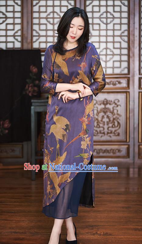 Republic of China Traditional Classical Qipao Dress National Women Clothing Printing Crane Purple Silk Cheongsam