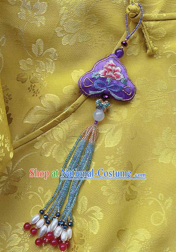 China Traditional Accessories Embroidered Purple Silk Brooch Classical Cheongsam Pearls Tassel Pendant